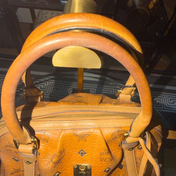 MCM Visetos Logo Satchel in Cognac and Black - Picture 2 of 7